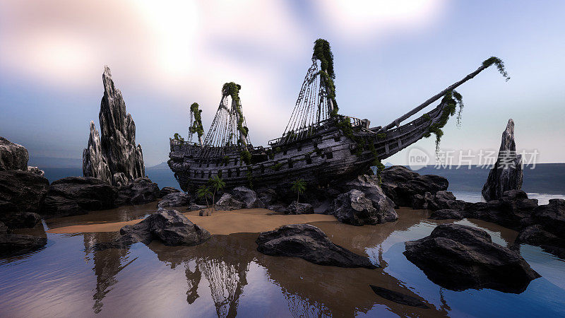 旧海盗船残骸搁浅在岩石和沙滩上，上面覆盖着海藻和腐烂的木头。3 d渲染。